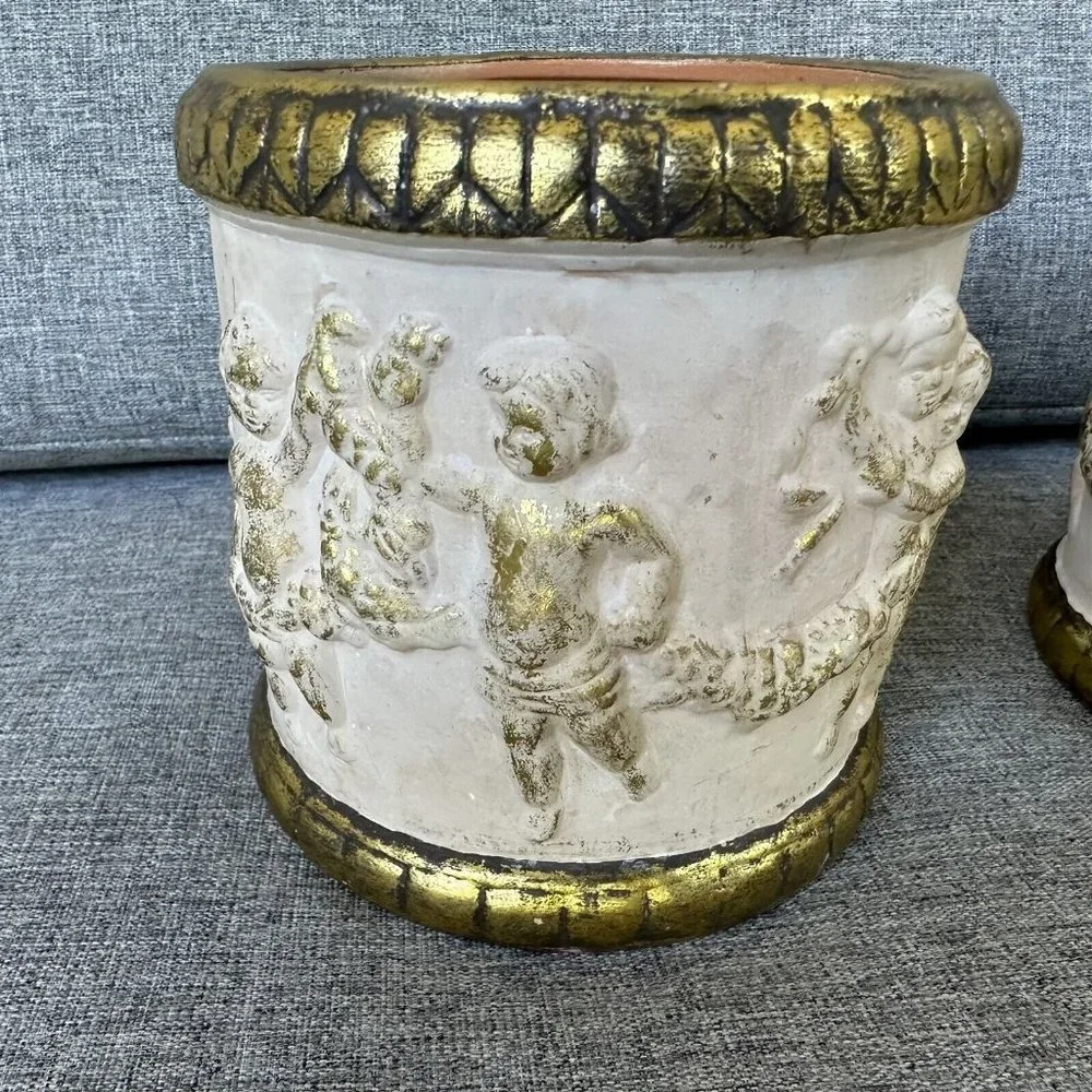 Cherub Putti Vase Planter Lot of 2 Gold Cream Round Ornate Reproduction Pottery